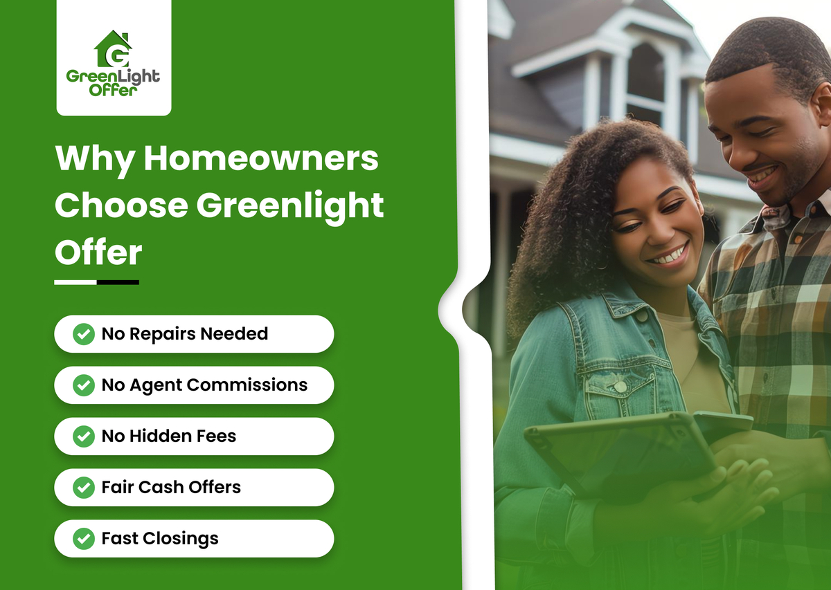 Why homeowners choose Greenlight Offer: No repairs needed, no agent commissions, no hidden fees, fair cash offers, and fast closings.