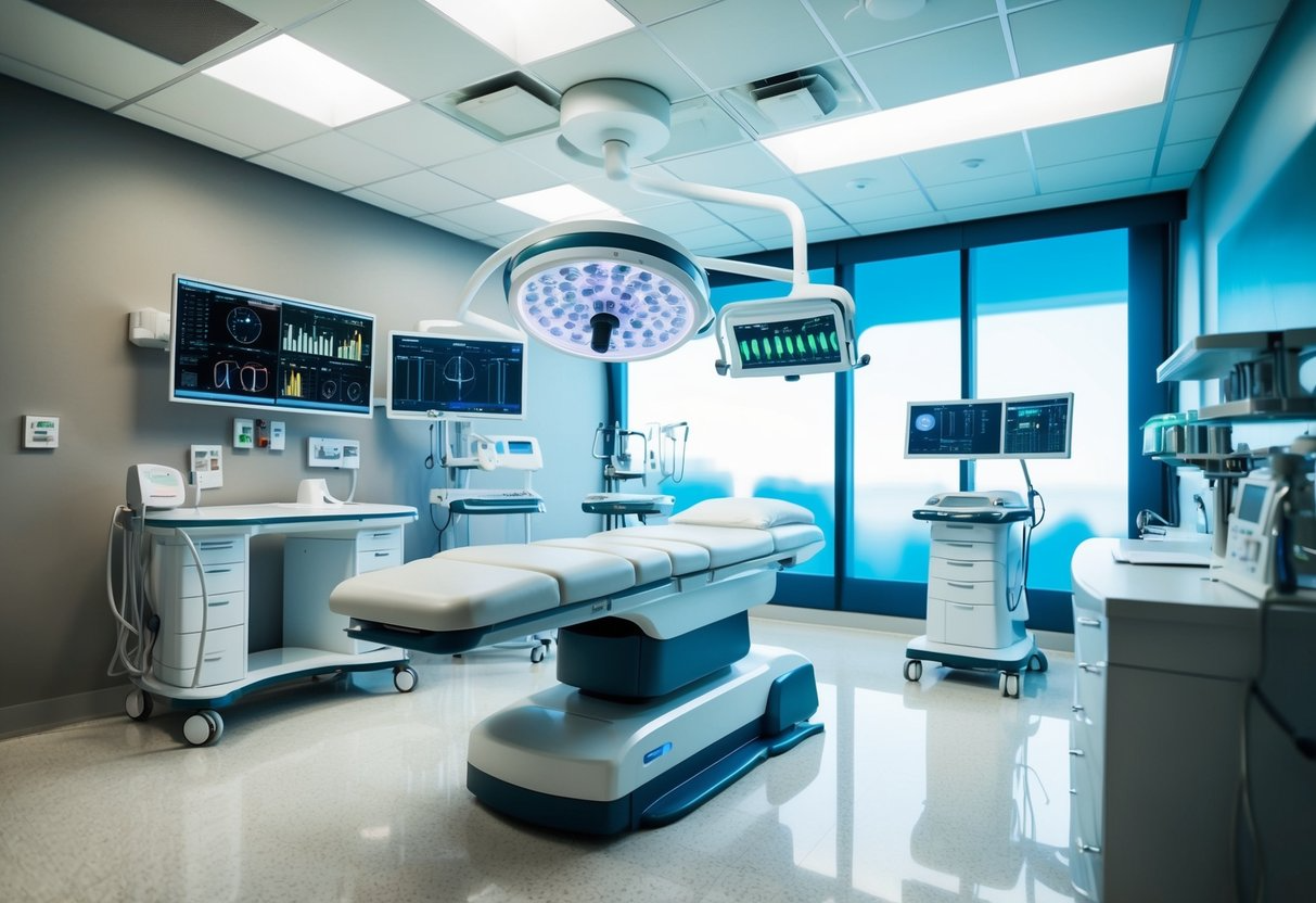 A futuristic clinic with advanced medical equipment and diagnostic tools