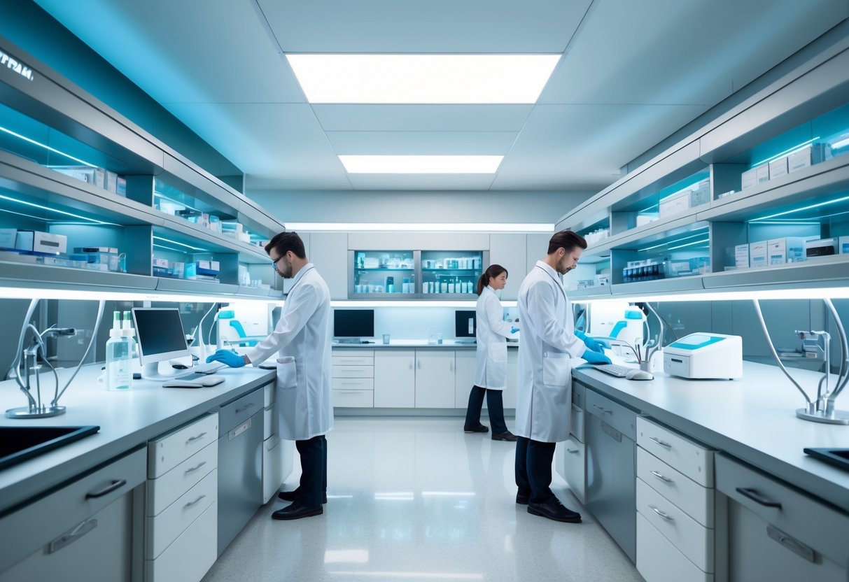 A futuristic laboratory with advanced diagnostic equipment and technology, sleek and modern design, with scientists and technicians working diligently