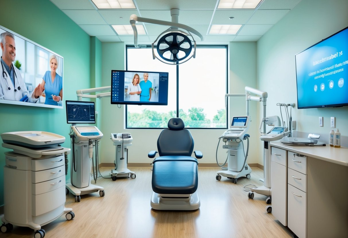 A modern clinic setting with advanced diagnostic equipment, healthy lifestyle imagery, and aging-related visuals