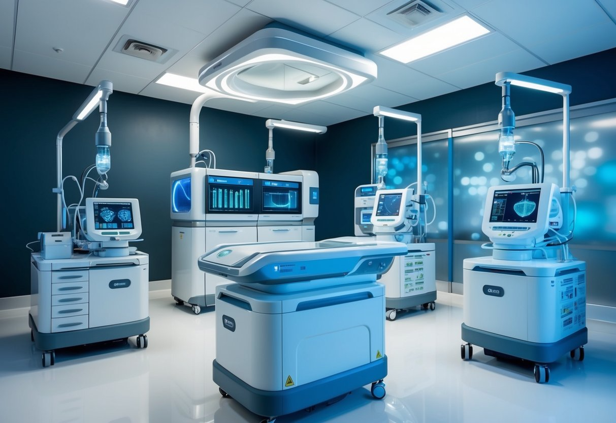 A futuristic laboratory with advanced diagnostic equipment and technology, including genetic sequencing machines and high-tech medical imaging devices