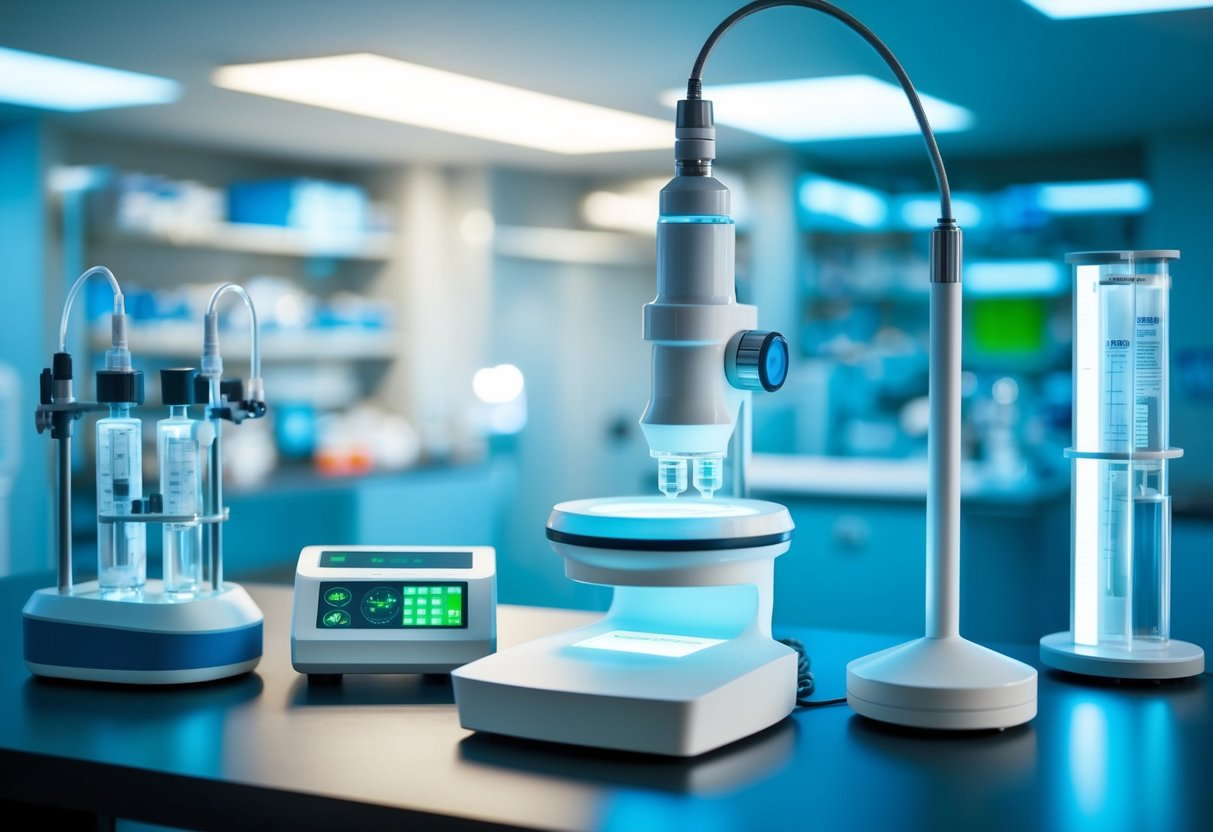 A futuristic laboratory with advanced diagnostic equipment and biomarker analysis tools