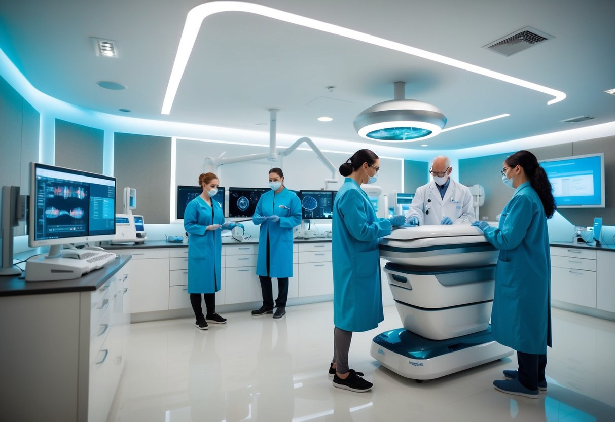 A futuristic clinic with advanced diagnostic equipment and technology, sleek and modern design, with scientists and researchers working together on cutting-edge longevity and aging testing