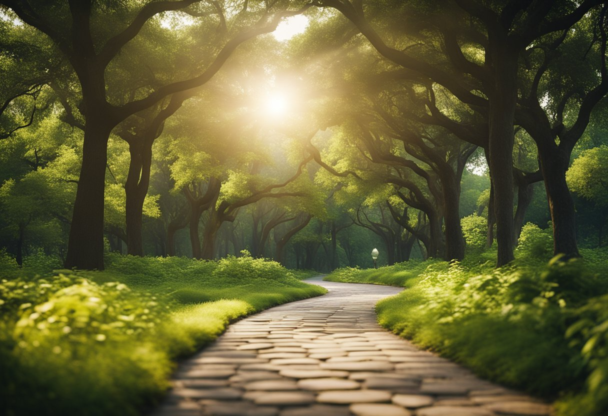 A serene park with lush greenery and a winding path leading to a bright, glowing light at the end, symbolizing the journey towards metabolic health and longevity