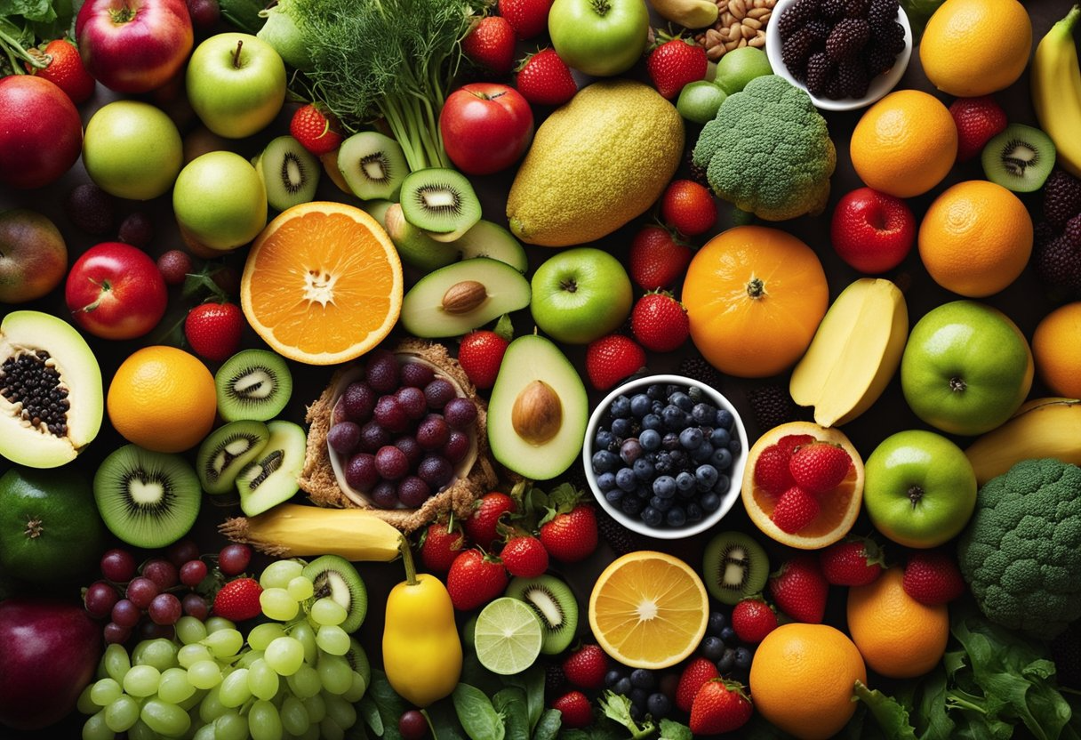 A colorful array of fruits, vegetables, and whole grains arranged in a balanced and visually appealing composition