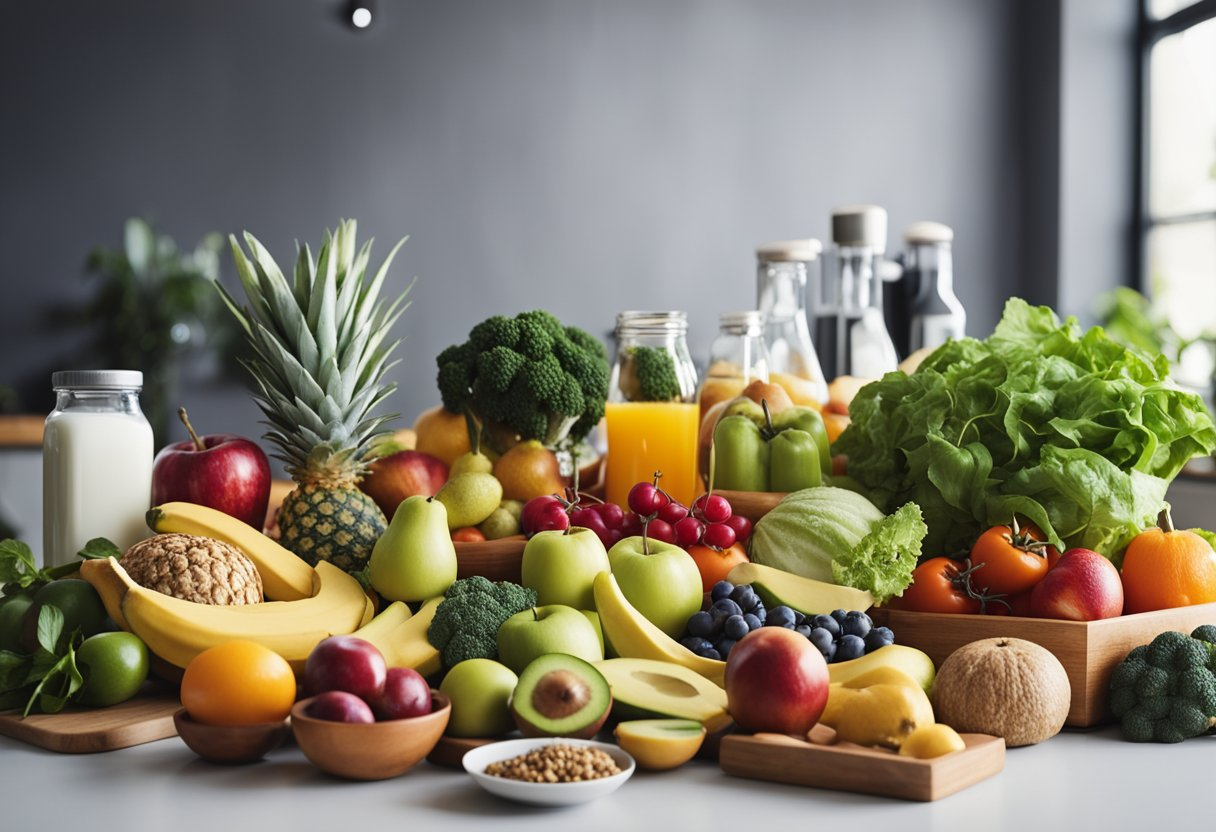 A diverse array of healthy foods, exercise equipment, and medical charts arranged in a bright, organized space