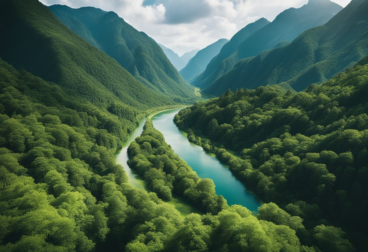 A lush green forest with a winding river, surrounded by mountains and wildlife, under a clear blue sky