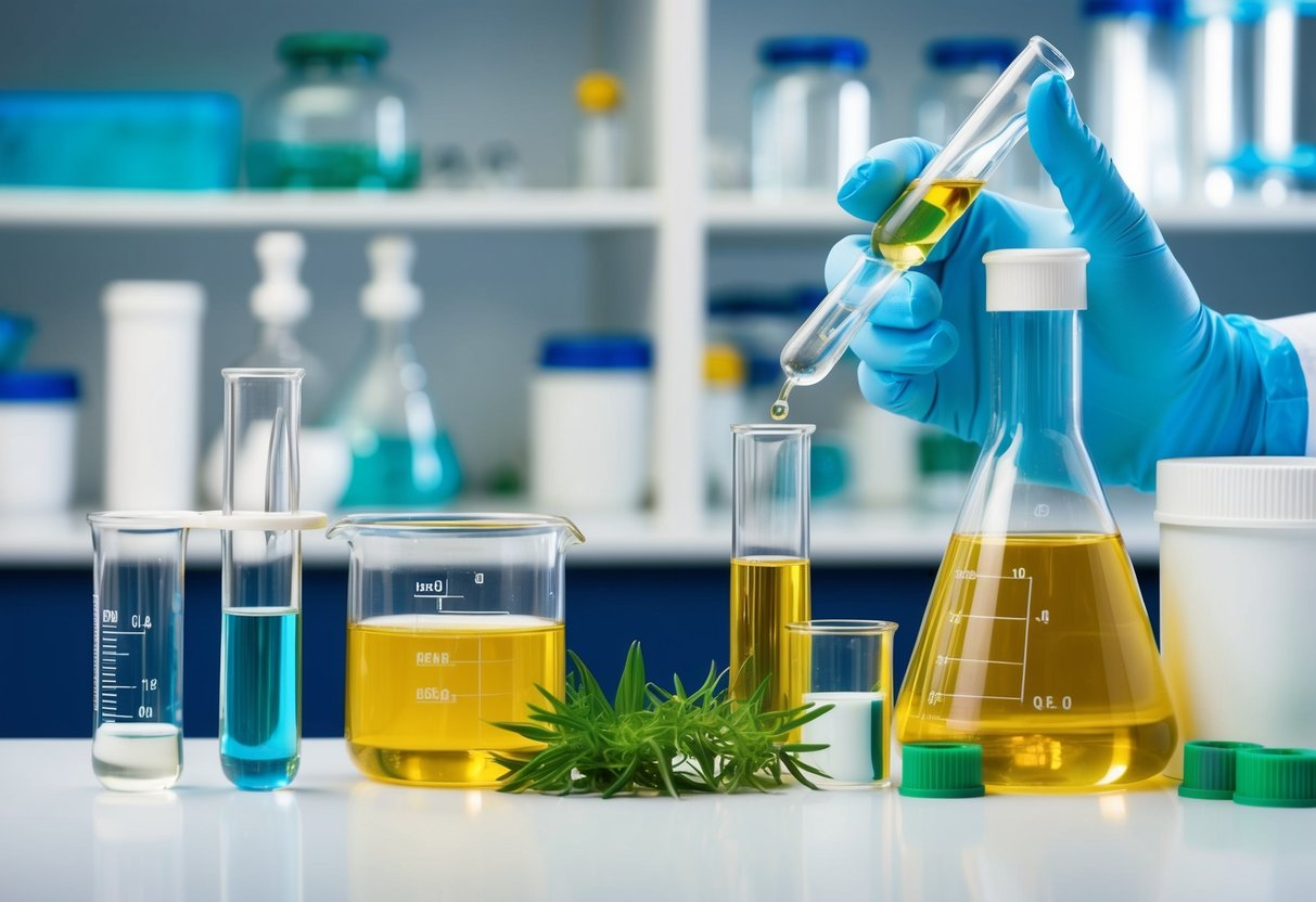 A laboratory setup with beakers, test tubes, and scientific equipment, with a focus on a chemical extraction process for hydroxytyrosol benefits