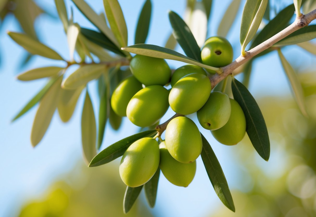 A close-up of a vibrant green olive tree branch, with ripe olives and leaves, set against a bright, sunny background