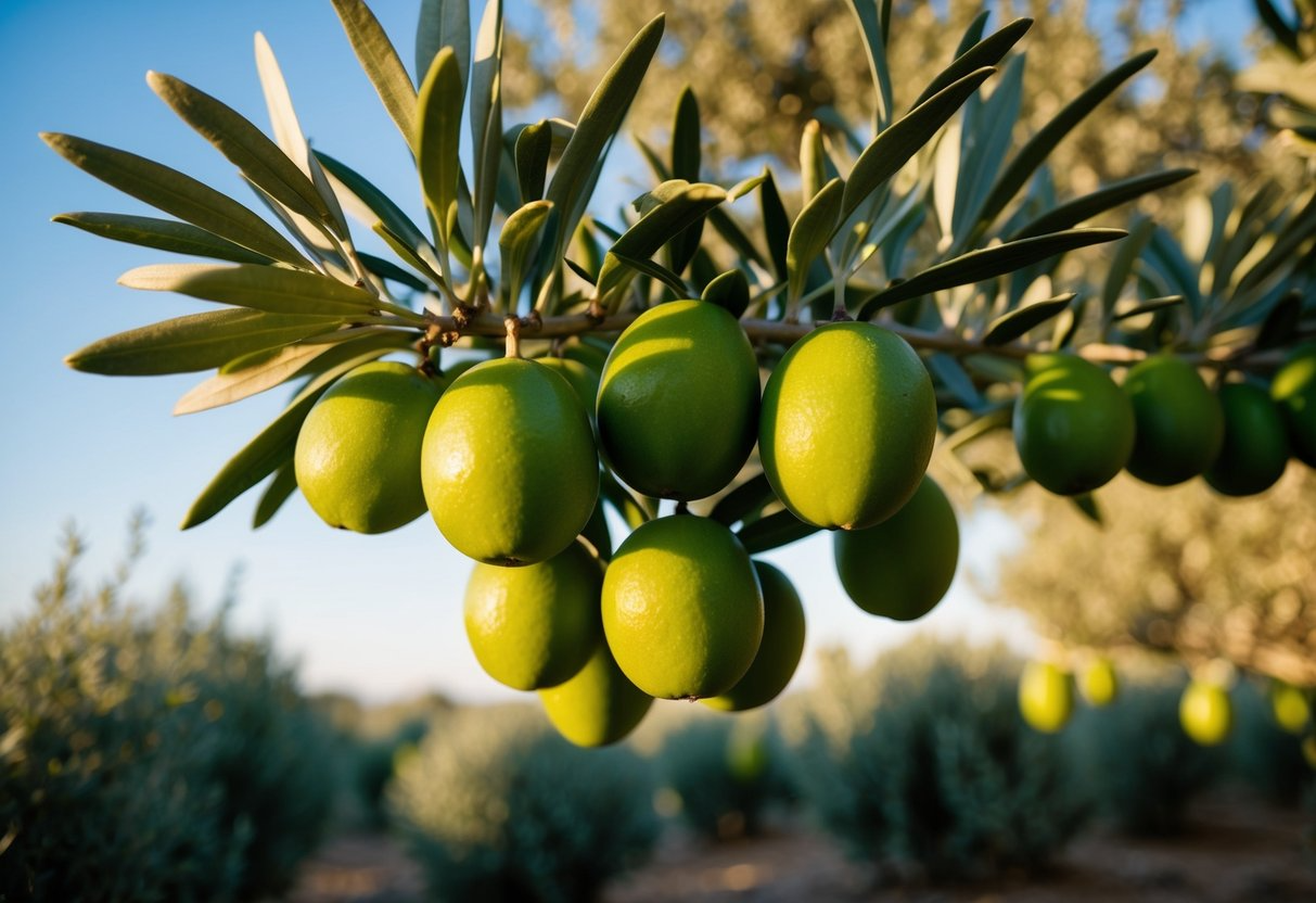 A lush olive grove with ripe fruit hanging from the branches, bathed in warm sunlight with a clear blue sky overhead