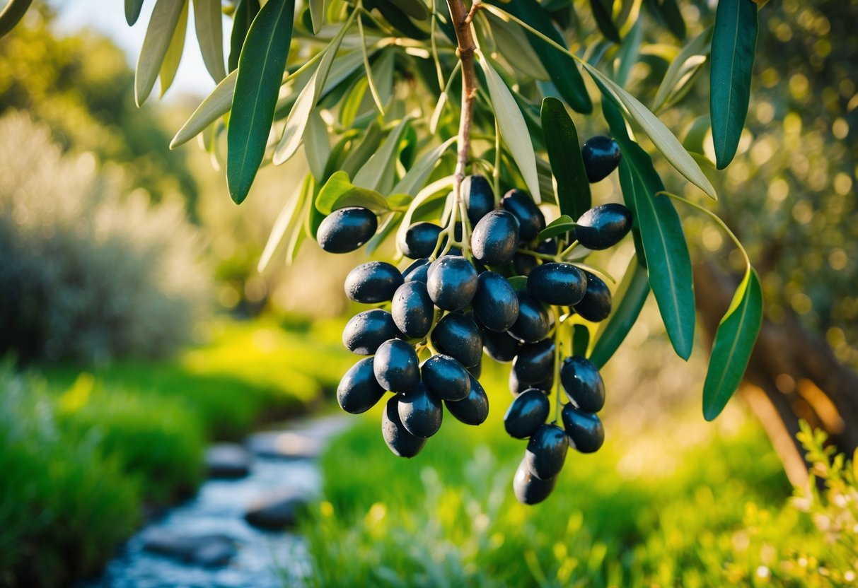 A lush olive tree bearing ripe, glistening olives, with a clear stream flowing nearby, surrounded by vibrant green leaves and bathed in warm sunlight