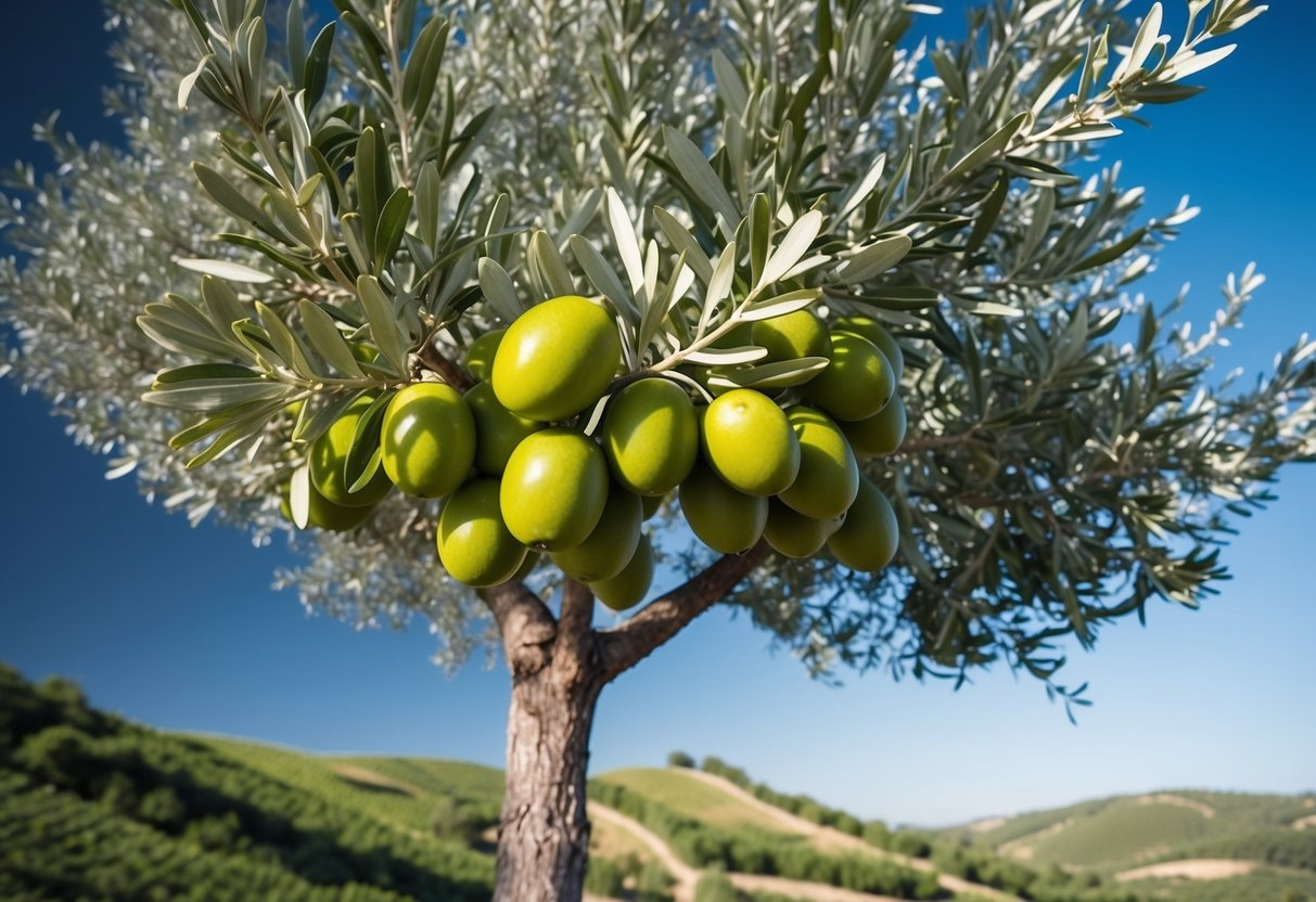 A lush olive tree with ripe fruit, surrounded by clear blue skies and rolling hills. The branches are heavy with olives, symbolizing the potential for cancer prevention through the benefits of hydroxytyrosol