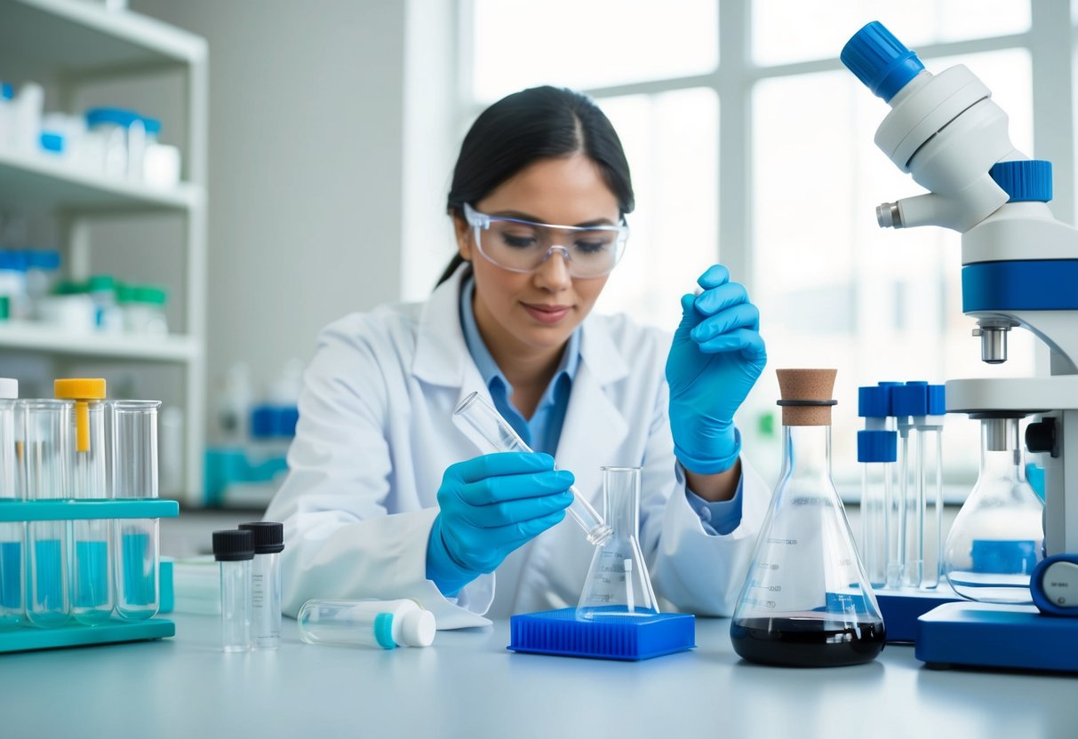 A laboratory setting with beakers, test tubes, and scientific equipment. A scientist is conducting research on hydroxytyrosol benefits