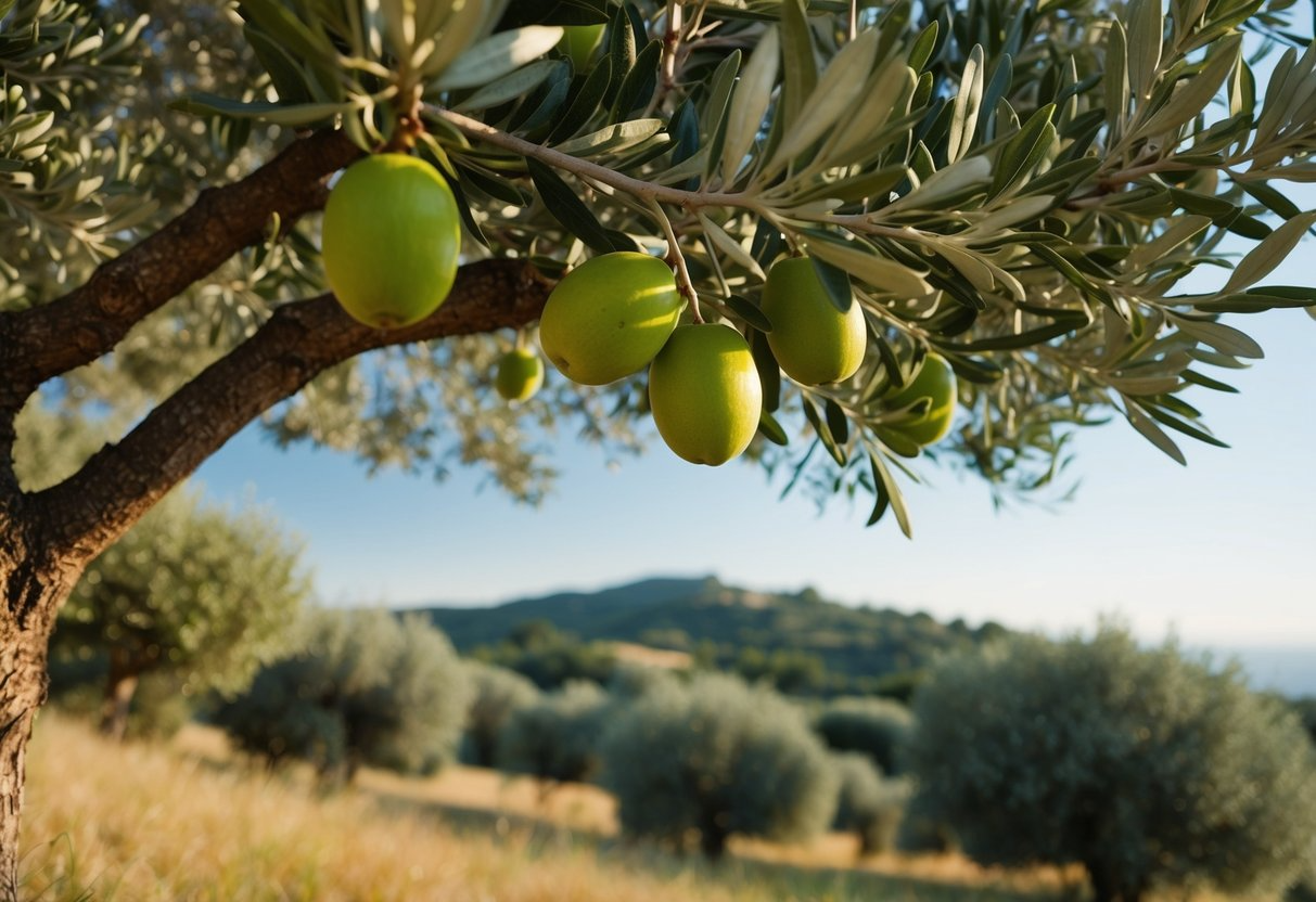 A lush olive tree with ripe fruits, surrounded by a serene Mediterranean landscape