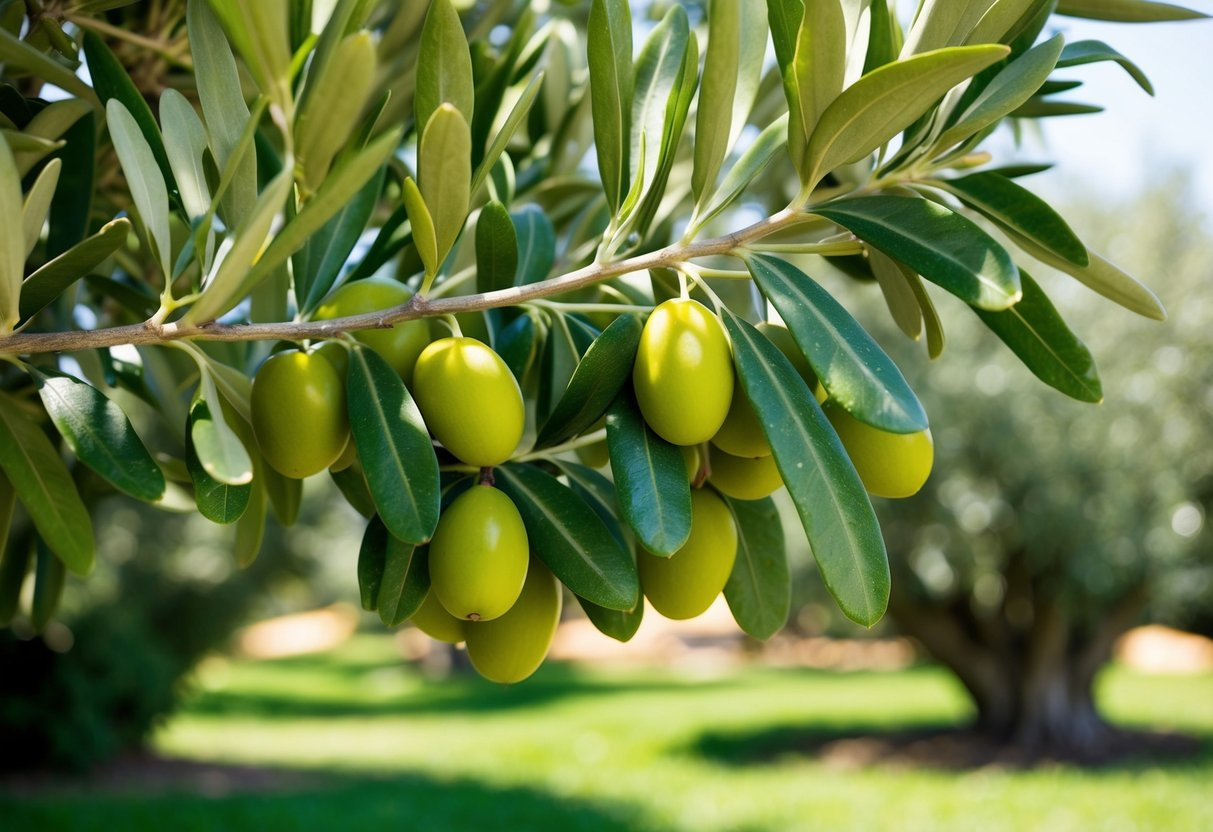 A lush olive tree with vibrant green leaves and plump, ripe olives hanging from its branches. The sun is shining, and a sense of vitality and wellness emanates from the scene