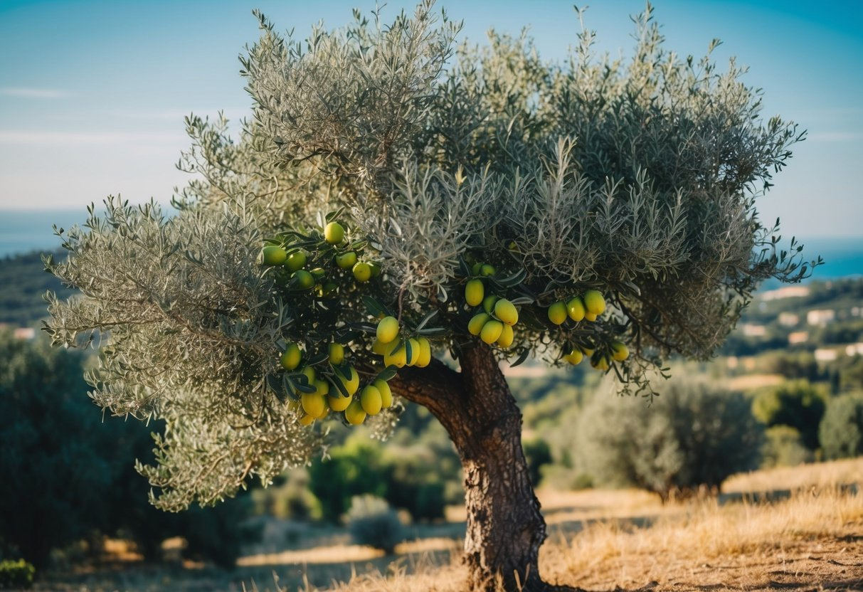 A lush olive tree with ripe fruit and leaves, surrounded by a sunny Mediterranean landscape