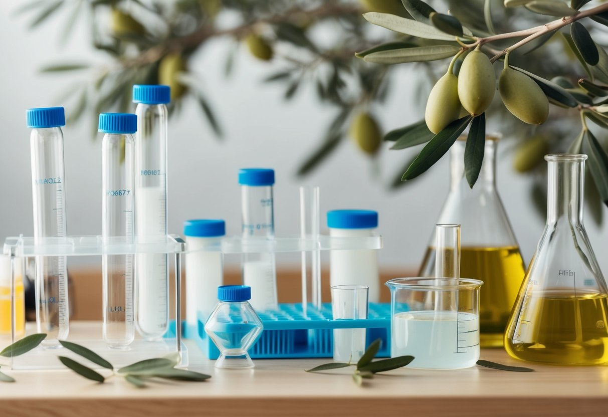 A laboratory setting with test tubes, beakers, and scientific equipment, surrounded by olive trees and leaves, symbolizing research on the benefits of oleuropein