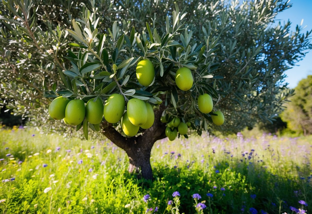 A lush olive tree with ripe fruit and green leaves, surrounded by a field of wildflowers and bathed in warm sunlight