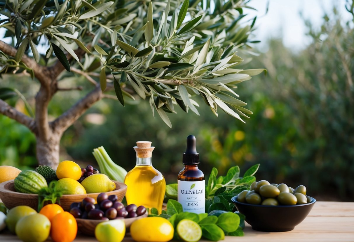 A vibrant olive tree surrounded by various fruits and vegetables, with a bottle of olive leaf extract and a bowl of olives nearby