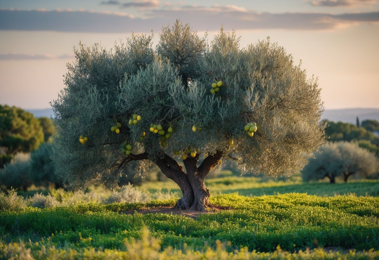 A lush olive tree with ripe fruit and vibrant leaves, surrounded by a serene Mediterranean landscape