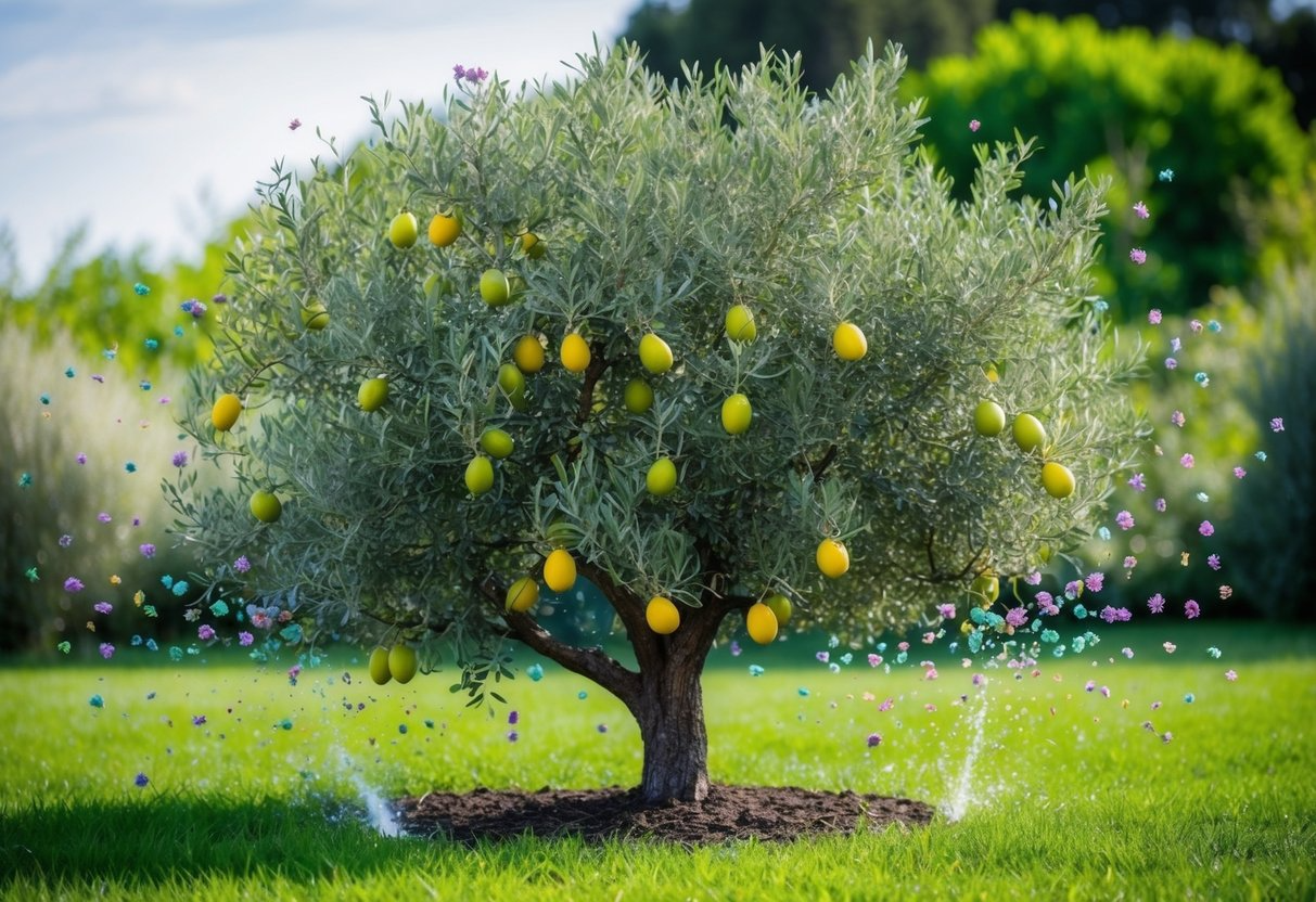 A lush olive tree with vibrant leaves and ripe fruit, surrounded by small, colorful microbes being repelled by an invisible force