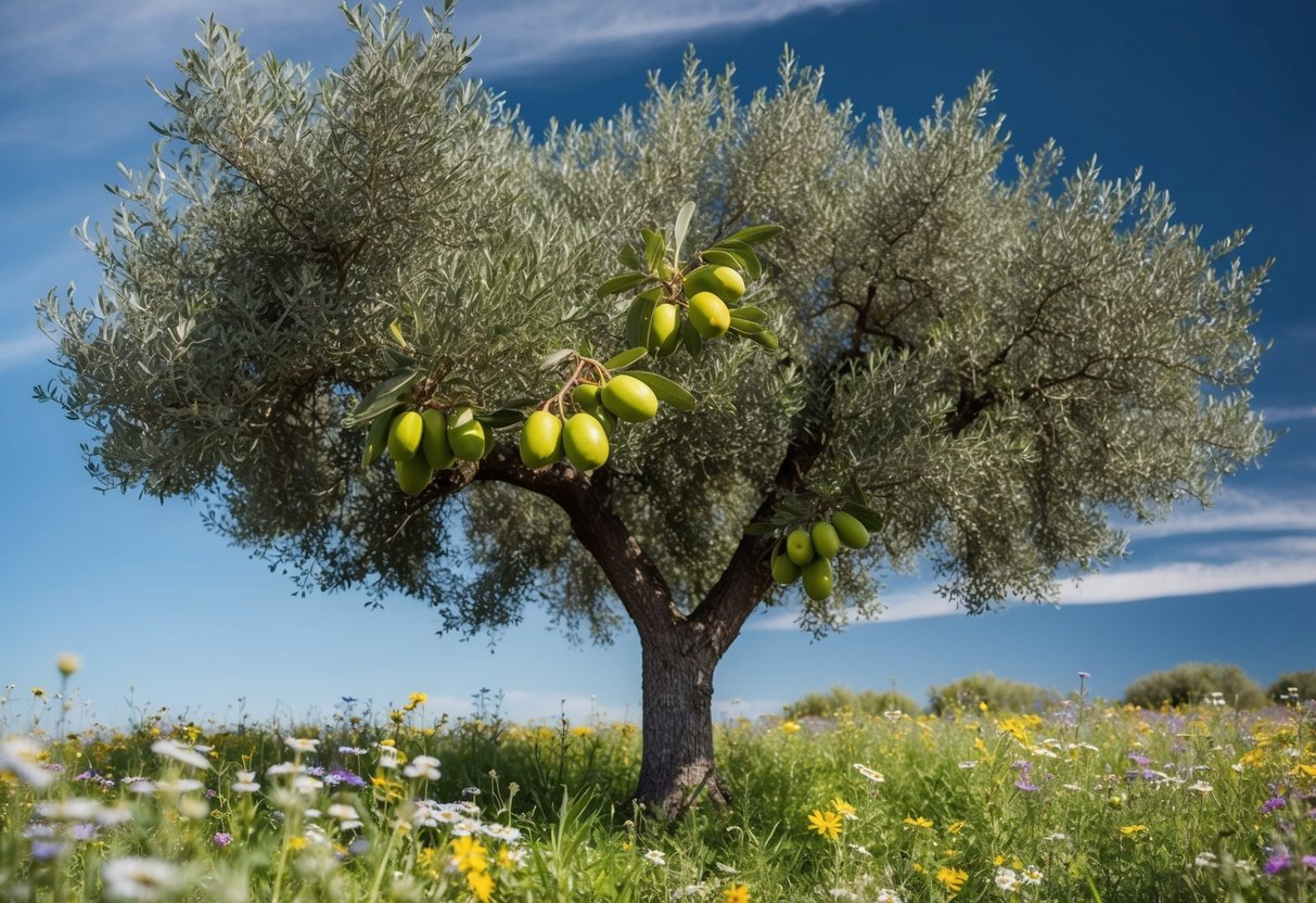 A lush olive tree with ripe fruit and vibrant leaves, surrounded by a field of wildflowers and a clear blue sky