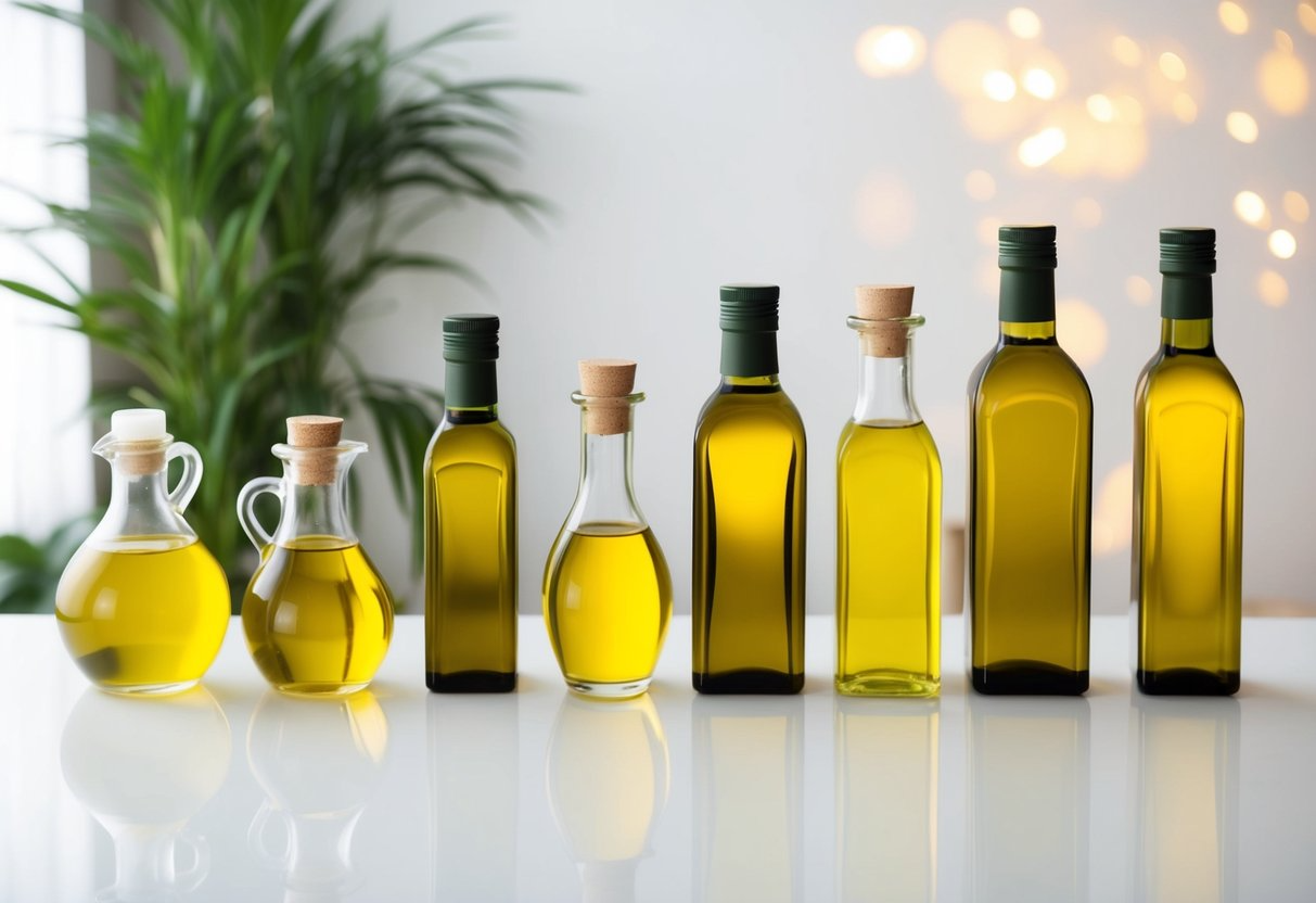 A variety of hair types and conditions are shown with different bottles of olive oil, from curly to straight, damaged to healthy