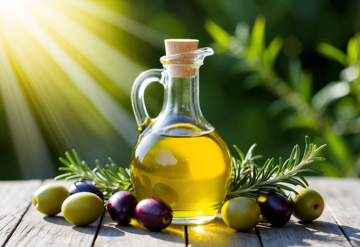 A clear glass bottle of olive oil surrounded by fresh olives and sprigs of rosemary, with rays of sunlight shining down on the scene