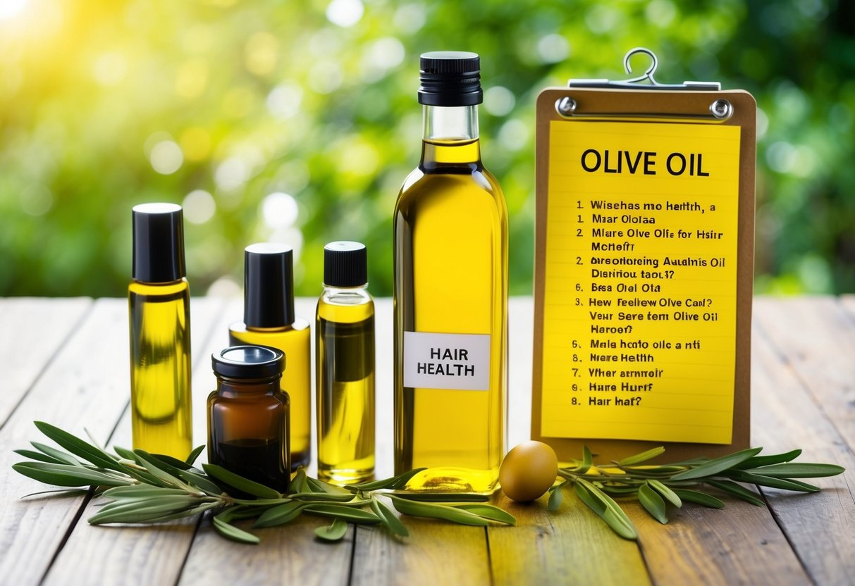 A bottle of olive oil surrounded by various hair care products and a list of frequently asked questions about using olive oil for hair health