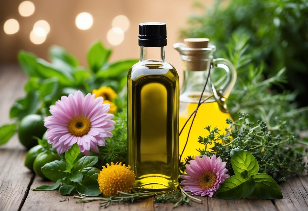 A bottle of olive oil surrounded by various herbs and flowers, with a few strands of hair intertwined among the ingredients