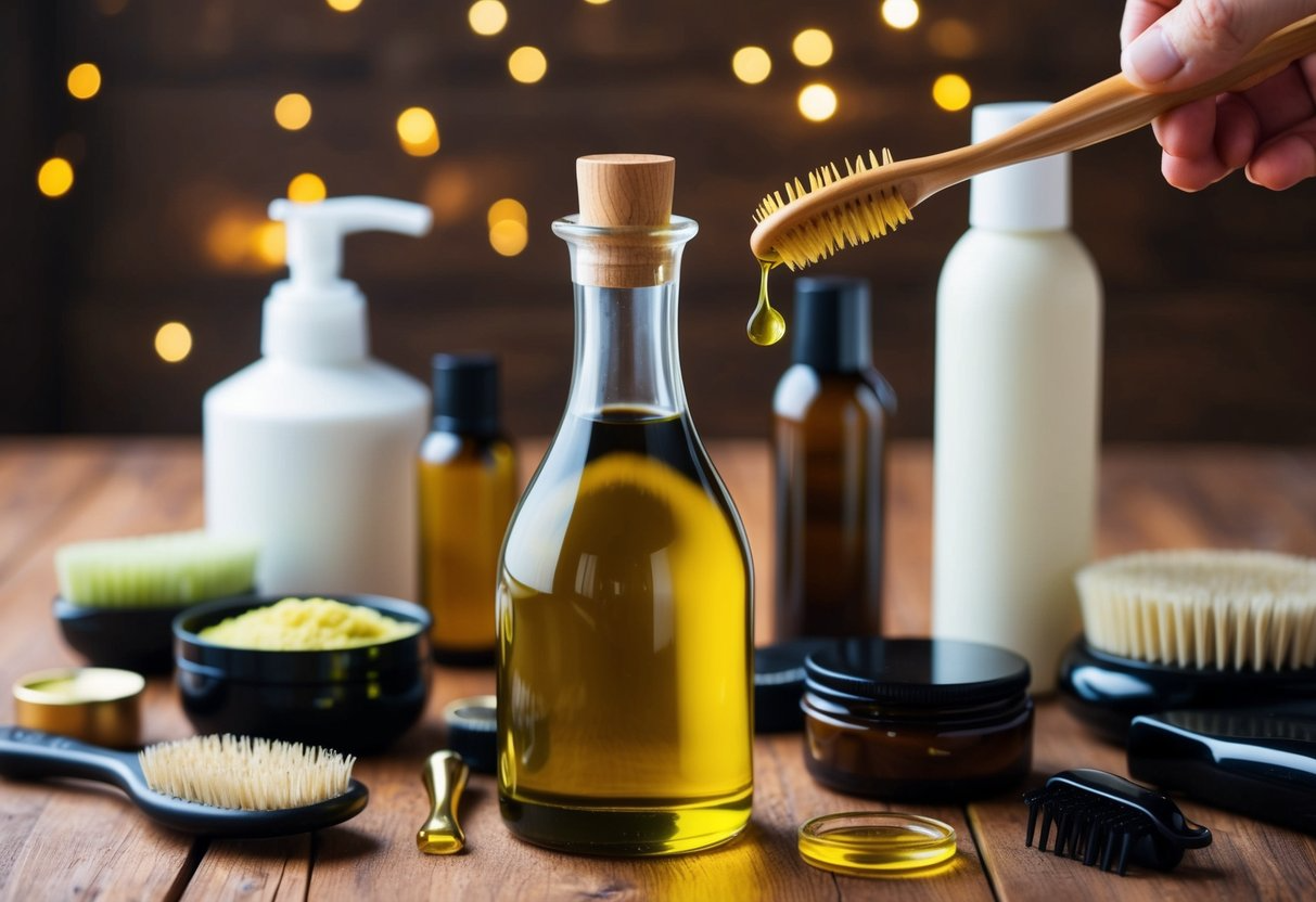 A glass bottle of olive oil sits on a wooden table surrounded by various hair care products and tools. A strand of hair is being coated with the oil using a small brush