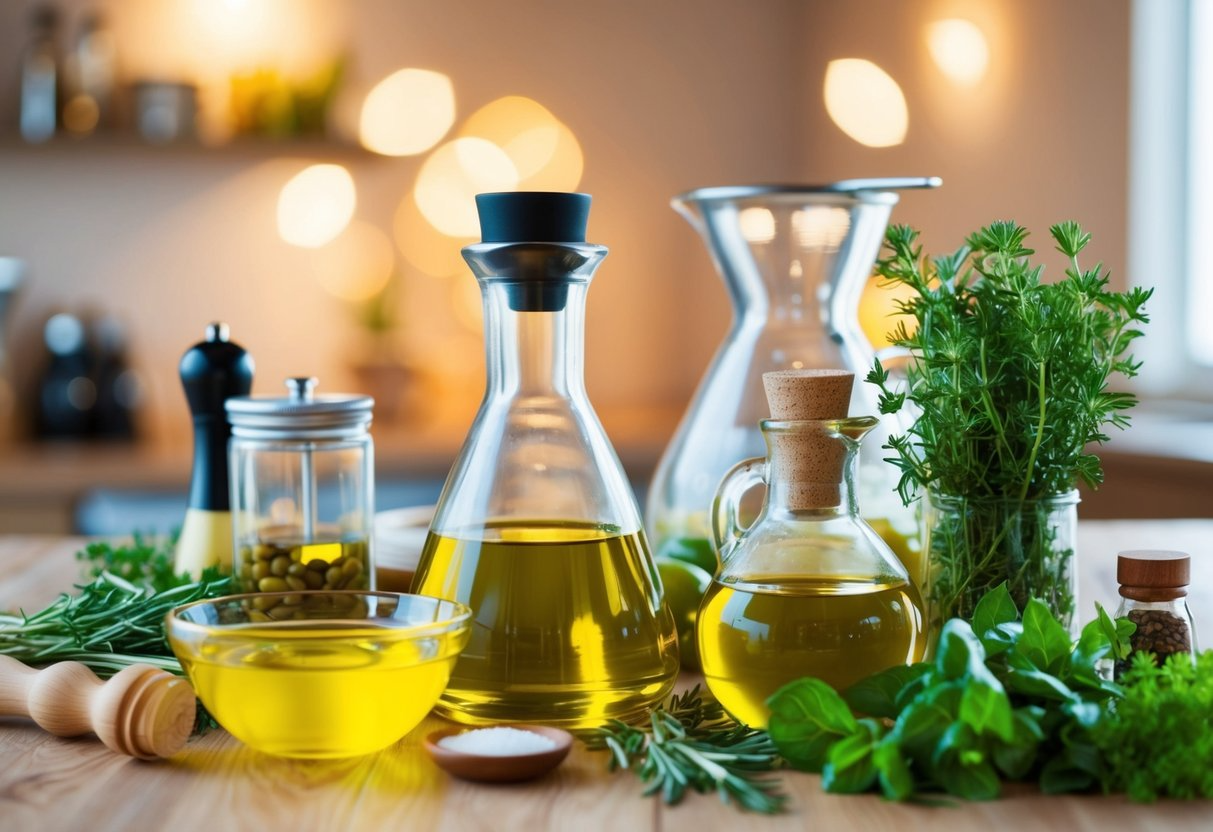 A table with various natural ingredients and containers of olive oil, surrounded by blending tools and fresh herbs