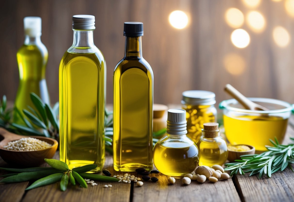 A bottle of olive oil stands next to other hair oils on a wooden table, surrounded by various hair care products and natural ingredients