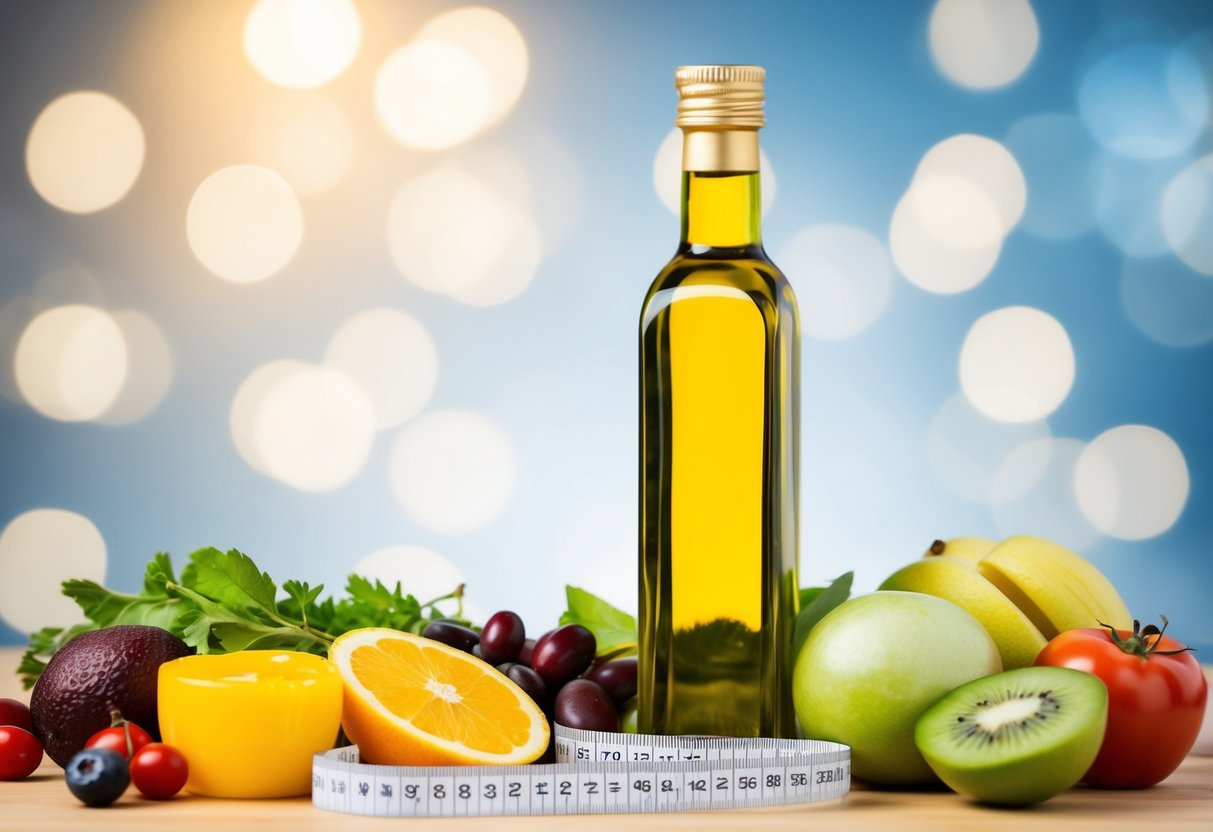 A bottle of olive oil surrounded by various healthy foods and a measuring tape, symbolizing weight management and nutrition