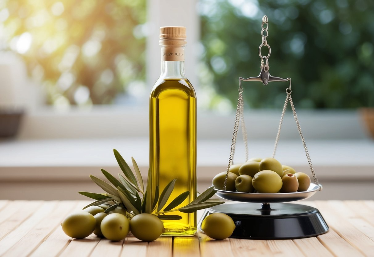 A bottle of olive oil surrounded by fresh olives and a scale