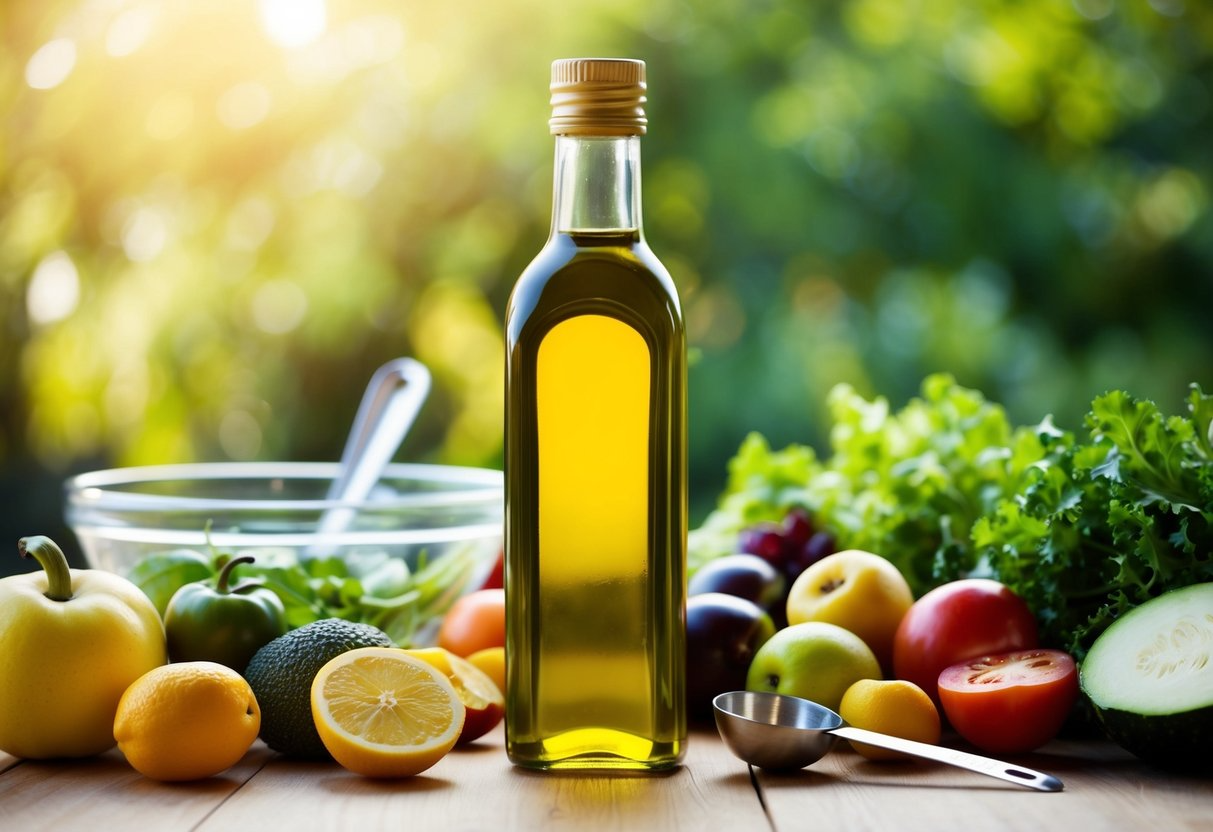 A bottle of olive oil surrounded by a variety of fresh vegetables and fruits, with a measuring spoon and a salad bowl nearby