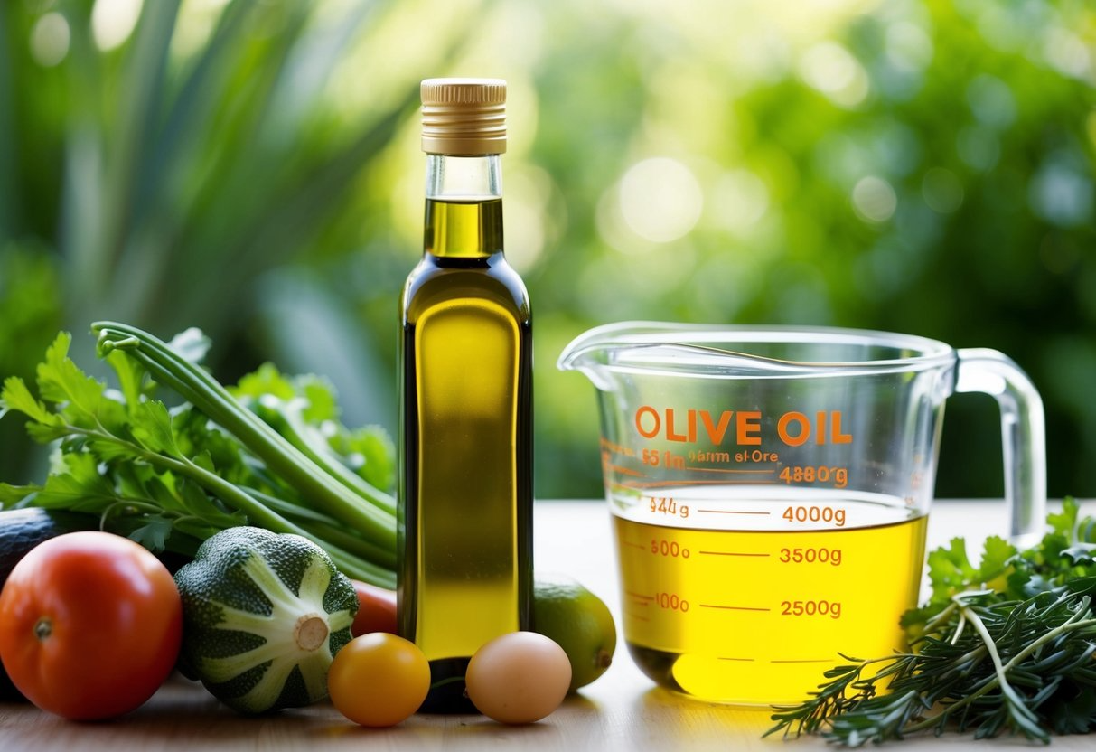 A bottle of olive oil next to a measuring cup and a variety of fresh vegetables, emphasizing the use of olive oil in healthy cooking for weight management