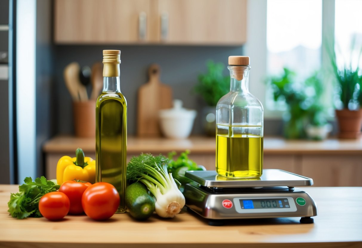 A kitchen scene with a bottle of olive oil, fresh vegetables, and a scale