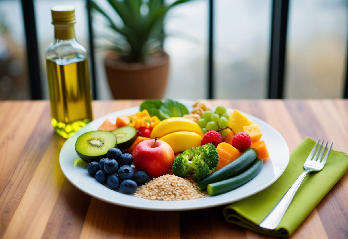 A plate with a variety of fresh fruits, vegetables, and whole grains, with a bottle of olive oil next to it