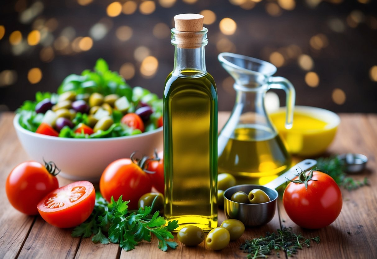 A bottle of olive oil surrounded by fresh olives, tomatoes, and herbs, with a measuring spoon and a healthy salad in the background