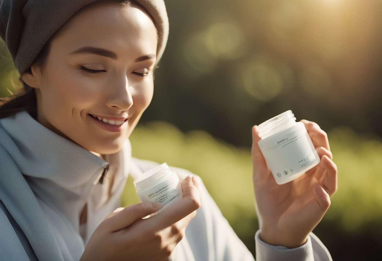 A person with sensitive skin carefully choosing gentle skincare products and wearing sun-protective clothing while engaging in outdoor activities