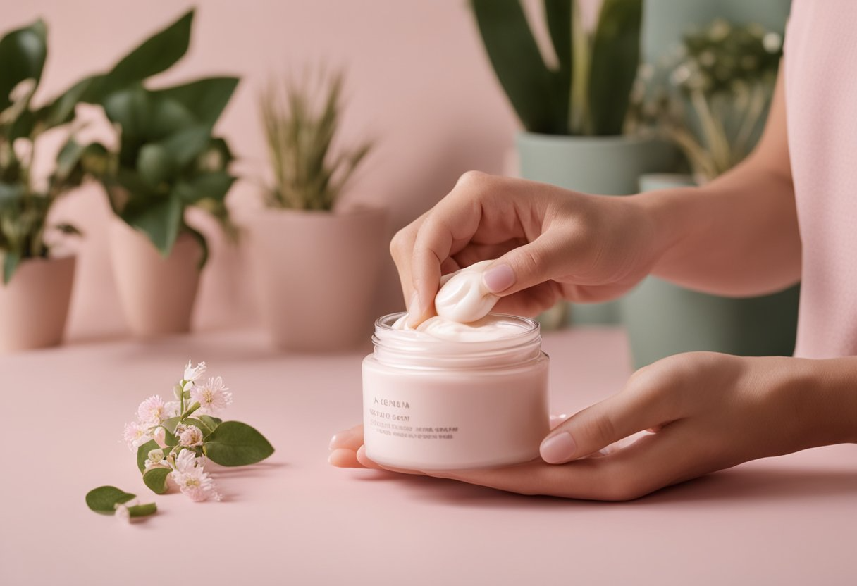 A gentle hand applying soothing cream to a delicate, pink-hued surface, surrounded by calming botanicals and soft, pastel colors