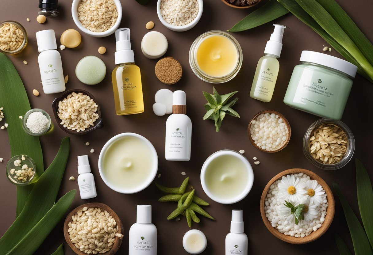 A variety of gentle skincare products surrounded by soothing ingredients like aloe, chamomile, and oatmeal, with a focus on hypoallergenic and fragrance-free options