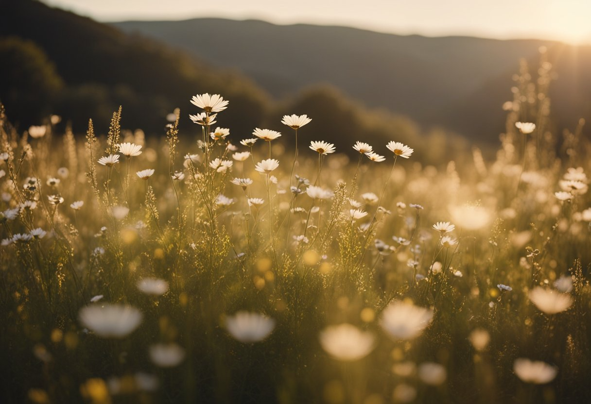 A gentle breeze blows through a field of wildflowers, their delicate petals swaying in the wind. The sun casts a warm glow over the landscape, illuminating the natural beauty of the resilient plants