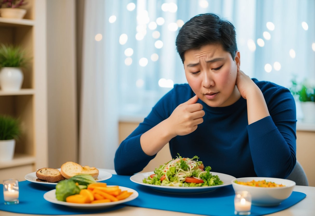 A person with ARFID sits at a table, pushing away a plate of food while feeling anxious. A variety of safe, familiar foods are displayed nearby