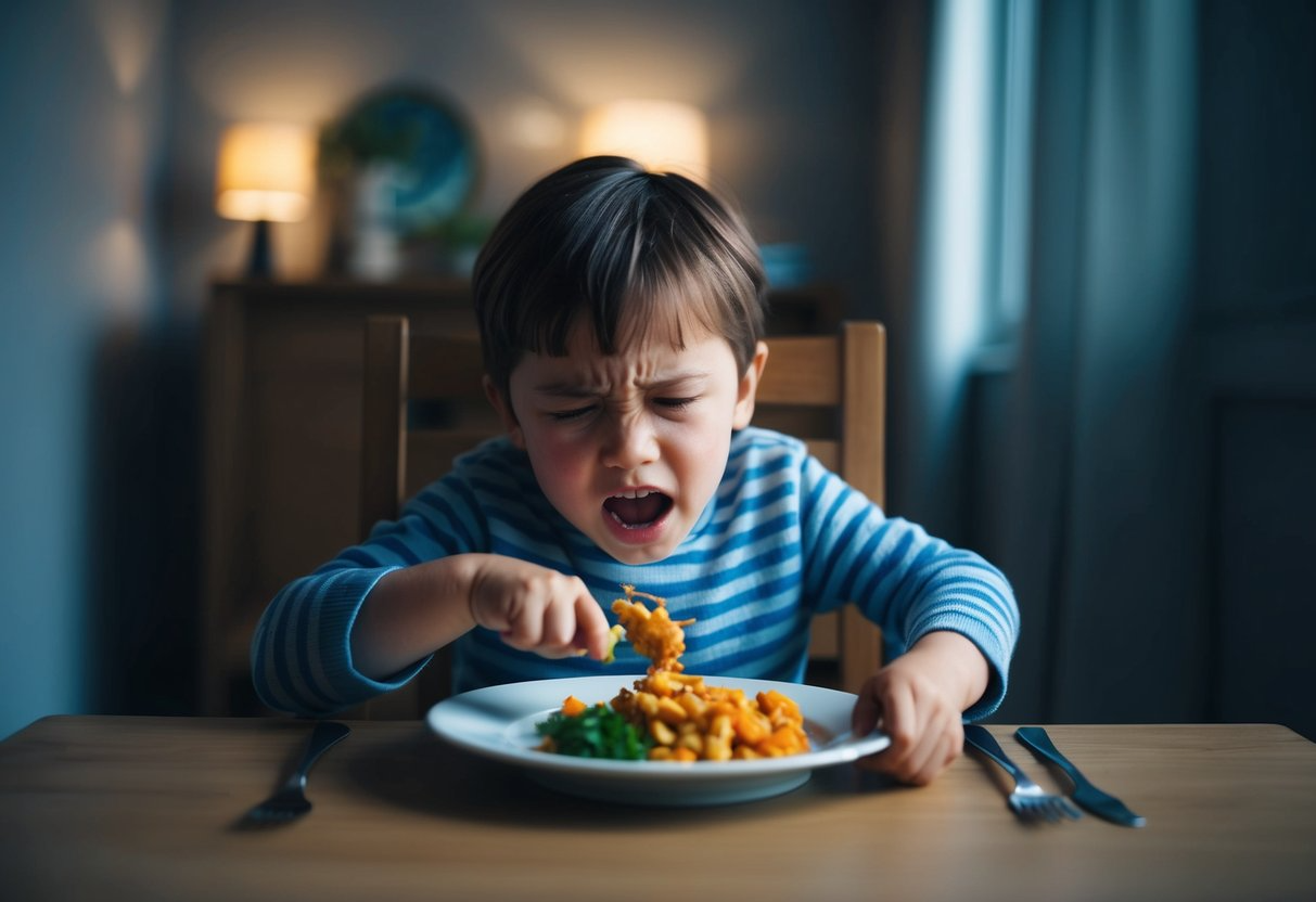 A child sits at a table, pushing away a plate of food with a pained expression. The room is dimly lit, with a sense of frustration and concern in the air