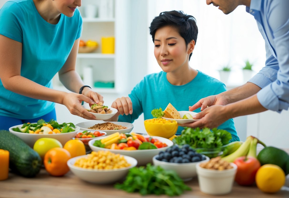 A person surrounded by a variety of foods, with some being more challenging to eat. A therapist or support person is providing guidance and reassurance