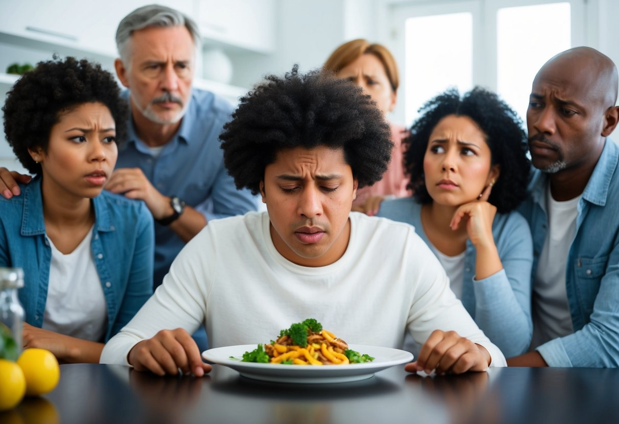 A person looking at a plate of food with a distressed expression, surrounded by family members looking concerned