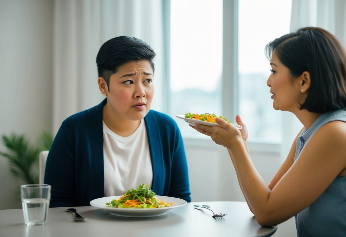 A person sitting at a table with a plate of food in front of them, looking anxious and hesitant to eat. A supportive figure stands nearby, offering encouragement