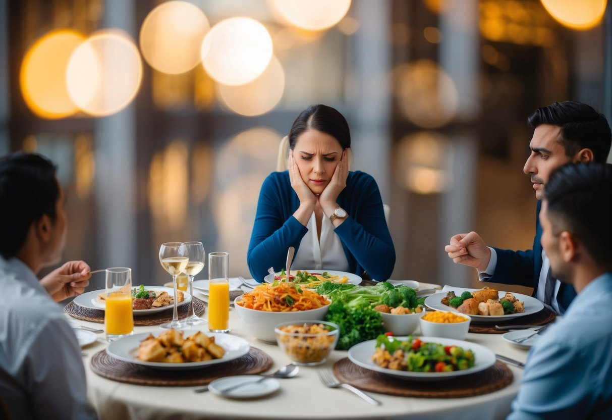 A table set with a variety of foods, some untouched and others partially eaten, surrounded by a person sitting with a pained expression